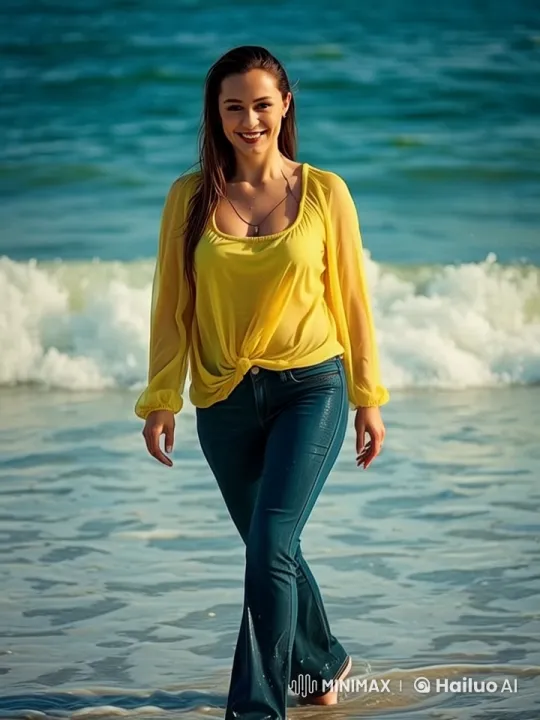 Woman in Yellow Blouse Returns from Ocean Swim – AI Generated Video | Hailuo AI