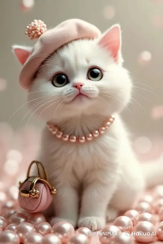 Fashionable Kitten Showcases Style with Pink Pearls and Beret – AI Generated Video | Hailuo AI