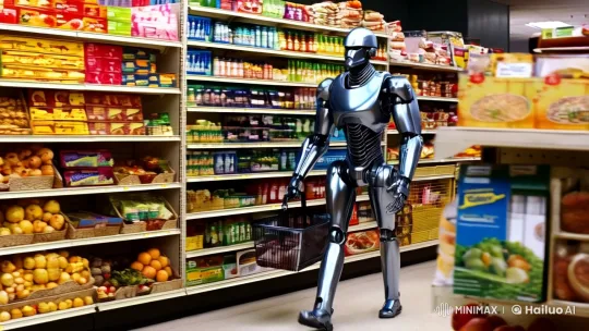 The Terminator Shops: Futuristic Android in a Colorful Store – AI Generated Video | Hailuo AI