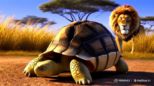 Vibrant Pixar-style Tortoise and Lion Encounter – AI Generated Video | Hailuo AI