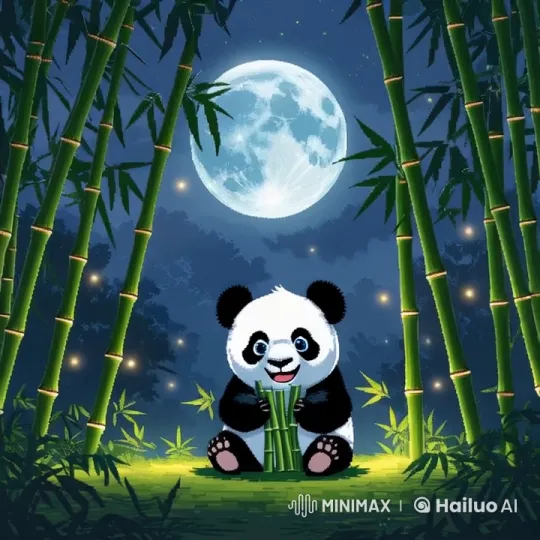 Cute Panda Enjoying Bamboo in a Serene Moonlit Forest – AI Generated Video | Hailuo AI