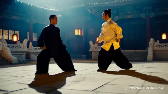 Martial Arts Fight in Ornate Courtyard – AI Generated Video | Hailuo AI