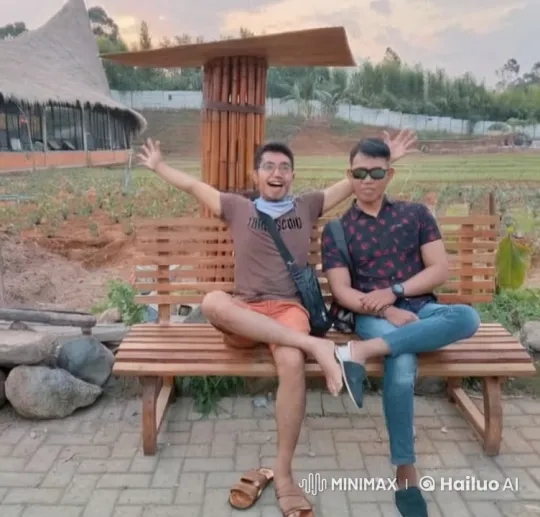 Two Men Celebrate on Bench in Rural Setting – AI Generated Video | Hailuo AI