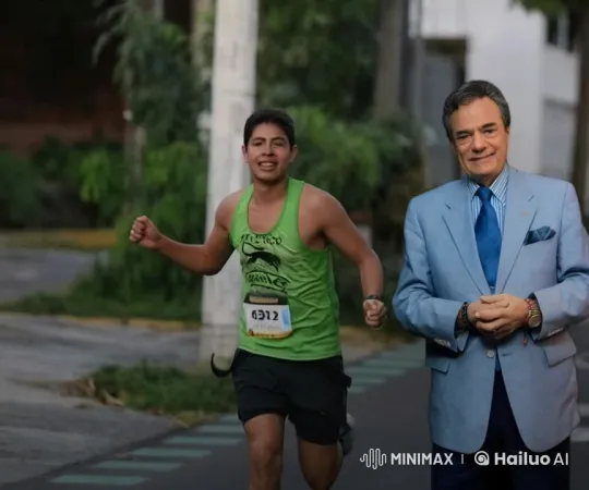 Marathon Runner Celebrates with Suit-Wearing Friend – AI Generated Video | Hailuo AI