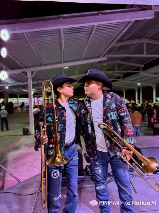 Musicians Embrace and Kiss on Stage with Brass Instruments – AI Generated Video | Hailuo AI