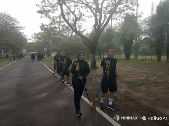 Synchronized Walking Group with Brooms on Tree-Lined Path – AI Generated Video | Hailuo AI