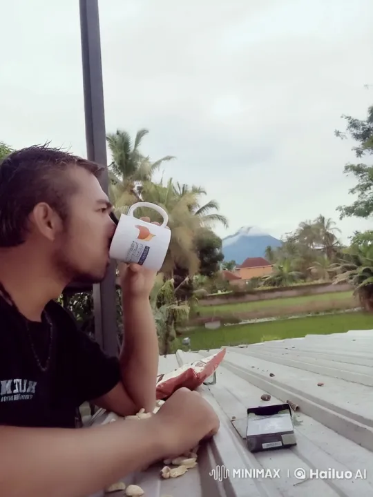 Young Man Enjoying Drink, Observes Gliding Eagle – AI Generated Video | Hailuo AI