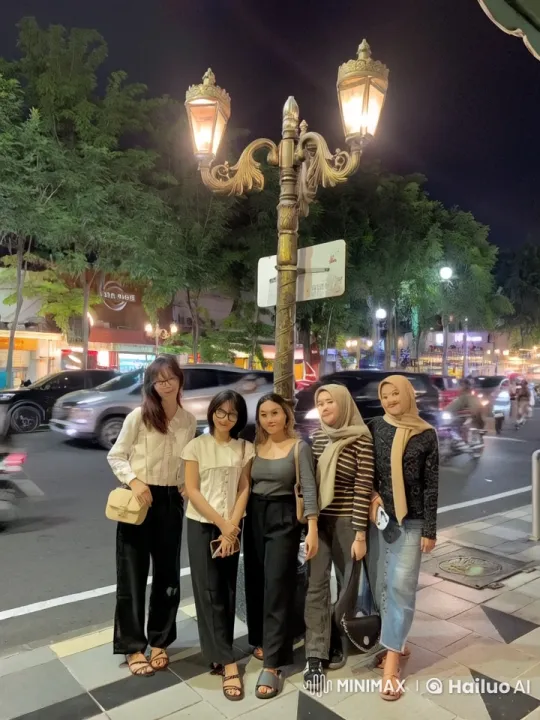 Five Friends Pose for Nighttime City Sidewalk Photo – AI Generated Video | Hailuo AI