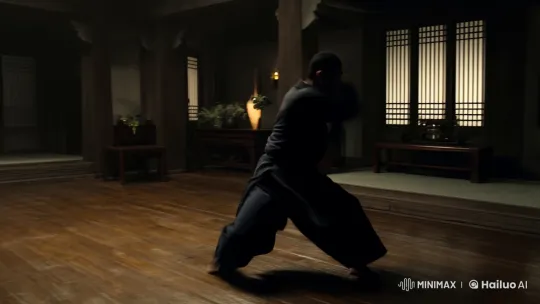 Martial Artist's Graceful Combat in Atmospheric Dojo – AI Generated Video | Hailuo AI