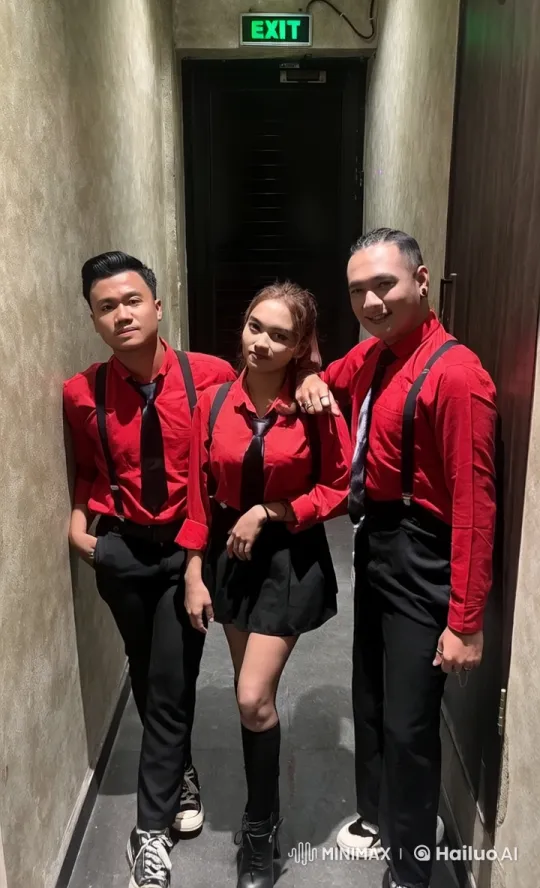 Red Shirt Trio Performs Coordinated Kungfu in Dim Hallway – AI Generated Video | Hailuo AI