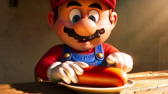 Mario Reverently Strokes a Hotdog in Intimate Lighting – AI Generated Video | Hailuo AI