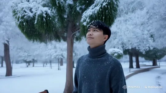 Winter Walk: Young Man in Turtleneck Amid Snowy Scenery – AI Generated Video | Hailuo AI
