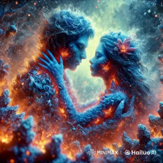 Blue and Orange Couple Embrace Amidst Fiery Transformation – AI Generated Video | Hailuo AI