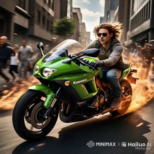 Speed Thrill: Unhelmeted Rider's Urban Dash on Green Ninja – AI Generated Video | Hailuo AI