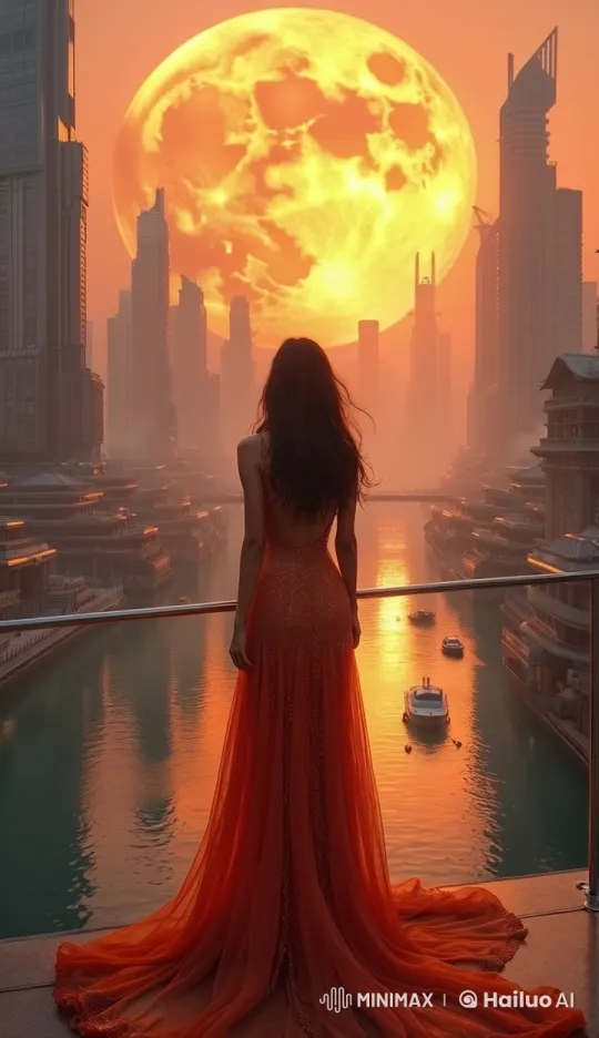 Futuristic Cityscape: Woman Ascends in Glowing Dress – AI Generated Video | Hailuo AI