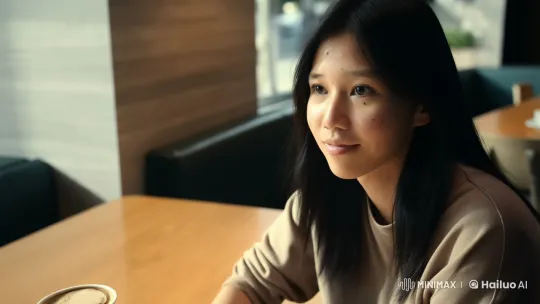 Young Woman's Enigmatic Smile in a Dim Cafe – AI Generated Video | Hailuo AI
