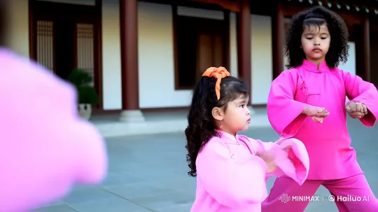 Young Girl Learns Kung Fu with Siblings in Chinese Courtyard – AI Generated Video | Hailuo AI