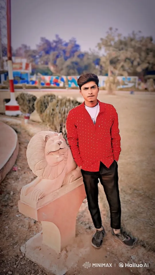 Jay Poses Confidently by Lion Statue in Park – AI Generated Video | Hailuo AI