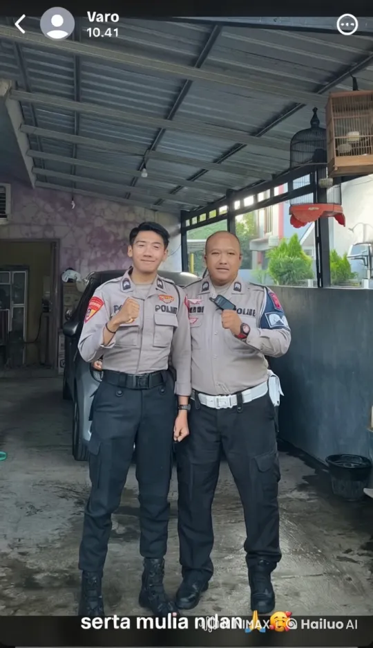 Two Police Officers in Carport, Engaging in Relaxed Interaction – AI Generated Video | Hailuo AI
