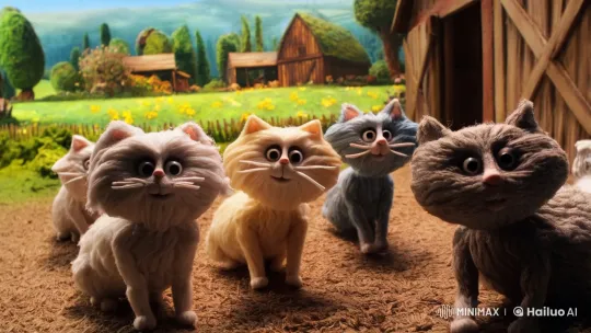 Curious Cats Chase Animated Mouse in Whimsical Farmyard – AI Generated Video | Hailuo AI