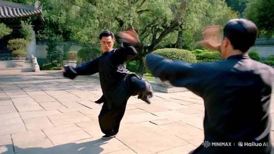 Sunlit Courtyard Kungfu Duel Captured with Dynamic Camera Work – AI Generated Video | Hailuo AI