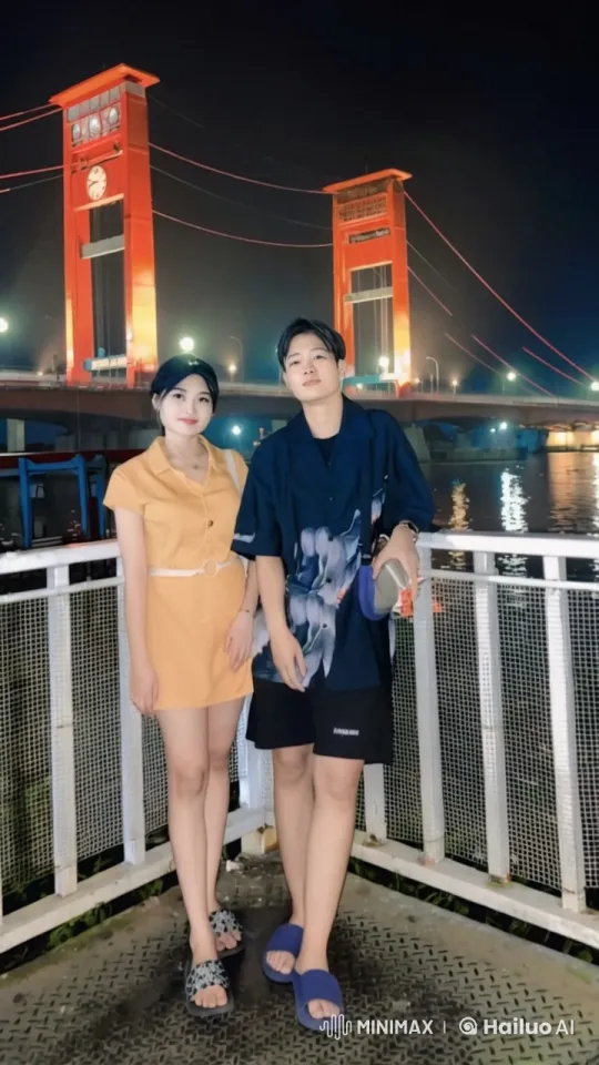 Young Couple Poses on Illuminated Bridge at Night – AI Generated Video | Hailuo AI