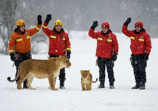 Rescue Workers Greet Lioness and Cub in Snowy Landscape – AI Generated Video | Hailuo AI