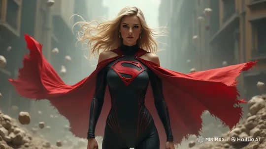 Superheroine in Dynamic Pose Amidst Floating Debris – AI Generated Video | Hailuo AI