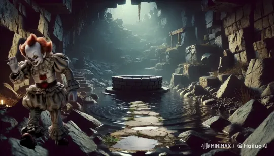 Pennywise Leaps into the Dark Well in Ancient Cavern – AI Generated Video | Hailuo AI