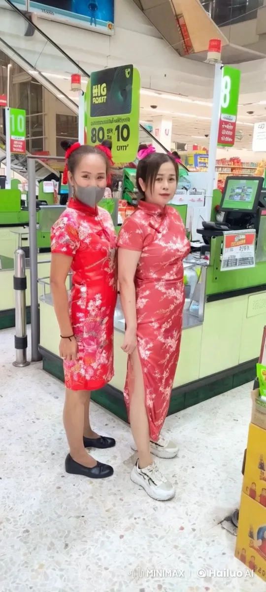 Chinese Women in Red Dresses at Supermarket Checkout – AI Generated Video | Hailuo AI