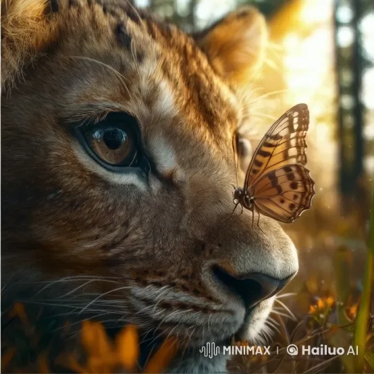 Sunlit Forest: Lion and Butterfly's Gentle Dance – AI Generated Video | Hailuo AI