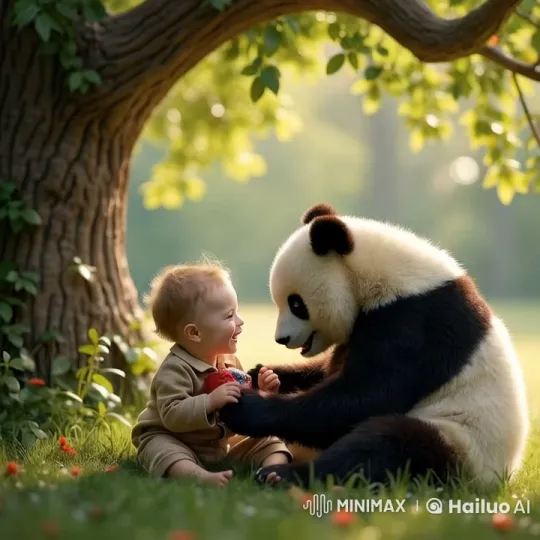 Child and Panda Share a Heartwarming Moment in Nature – AI Generated Video | Hailuo AI