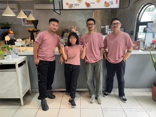 Pink T-Shirt Kungfu Group in Modern Café – AI Generated Video | Hailuo AI