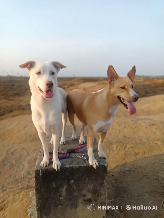 Two Leashed Dogs Relax on Concrete Block in Open Landscape – AI Generated Video | Hailuo AI