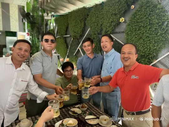 Men Celebrate Friendship Over Meal in Green Setting – AI Generated Video | Hailuo AI