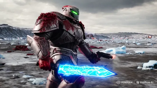 Blood Angels Space Marine Advances Through Frigid Warzone – AI Generated Video | Hailuo AI