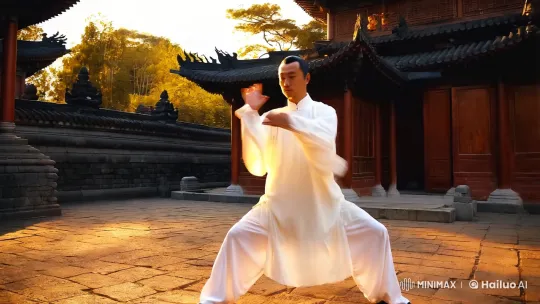 Kungfu Master's Graceful Performance in Ancient Temple Courtyard – AI Generated Video | Hailuo AI