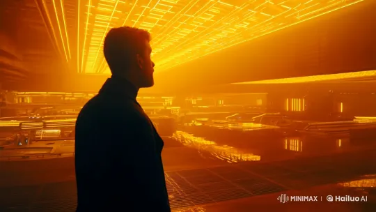 Futuristic Industrial Scene with Silhouetted Figure – AI Generated Video | Hailuo AI