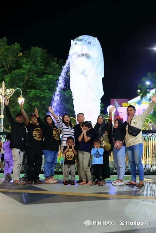 Energetic Kung Fu Display in Front of Spouting Lion Statue – AI Generated Video | Hailuo AI