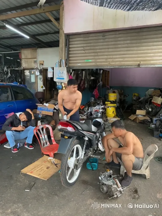 Kung Fu Masters Showcase Skills in Motorbike Shop – AI Generated Video | Hailuo AI