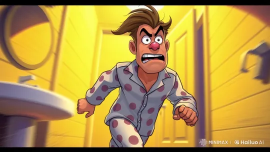Cartoonish Man Hurriedly Escapes Bathroom – AI Generated Video | Hailuo AI