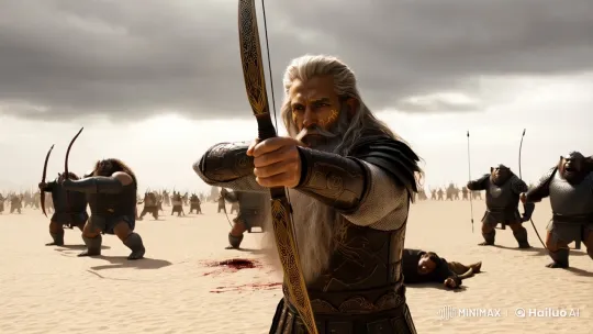 Elderly Warrior Leads Legendary Battle in Stormy Desert – AI Generated Video | Hailuo AI