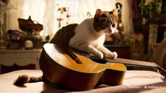Cat Plays Guitar in Cozy, Whimsical Room – AI Generated Video | Hailuo AI