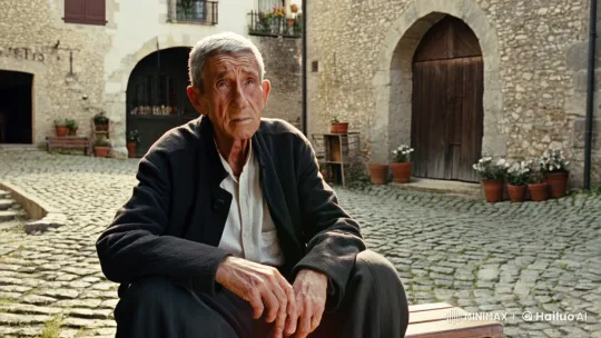 Elderly Man Reflects in Serene Village Setting – AI Generated Video | Hailuo AI