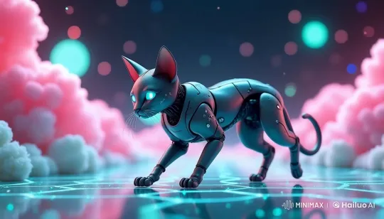 Futuristic Robotic Cat Explores Neon Virtual World – AI Generated Video | Hailuo AI