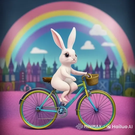 Rainbow Adventure: Bunny Bicycles Through Whimsical 3D Landscape – AI Generated Video | Hailuo AI
