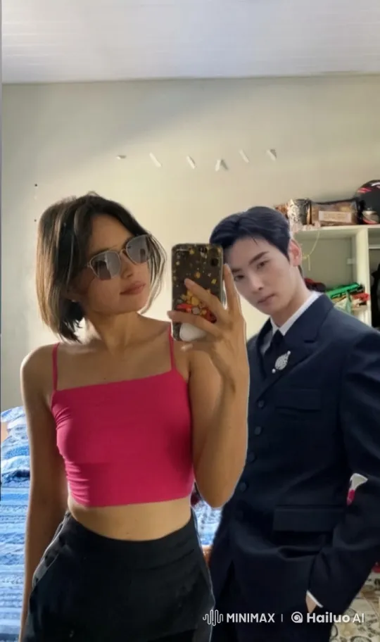 Couple Takes Stylish Mirror Selfie in Minimalist Room – AI Generated Video | Hailuo AI