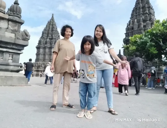 Family Poses at Historic Temple with Background Activity – AI Generated Video | Hailuo AI