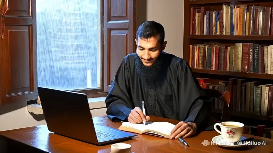 Man in Arabian attire writes in peaceful room, greets Salim by window. – AI Generated Video | Hailuo AI