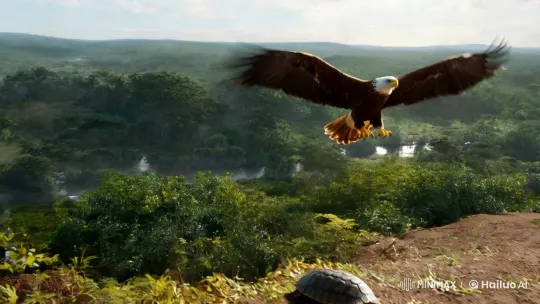 Eagle Glides Over Serene Turtle in Verdant Wilderness – AI Generated Video | Hailuo AI